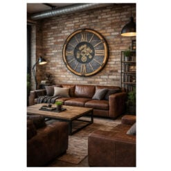 Giant Extra Large Industrial Black Metal And Wood Gold Moving Gears Wall Clock With Black Marble Effect Dial 112cm