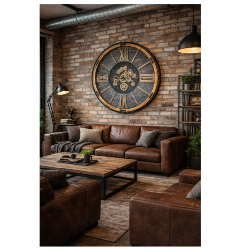 Giant Extra Large Industrial Black Metal And Wood Gold Moving Gears Wall Clock With Black Marble Effect Dial 112cm