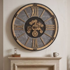 Giant Extra Large Industrial Black Metal And Wood Gold Moving Gears Wall Clock With Black Marble Effect Dial 112cm