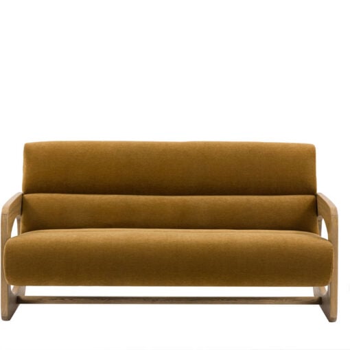 Gold Brown Upholstered Retro Modern 3 Seater Sofa With Wooden Arms