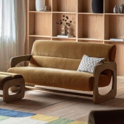 Gold Brown Upholstered Retro Modern 3 Seater Sofa With Wooden Arms