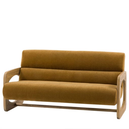 Gold Brown Upholstered Retro Modern 3 Seater Sofa With Wooden Arms