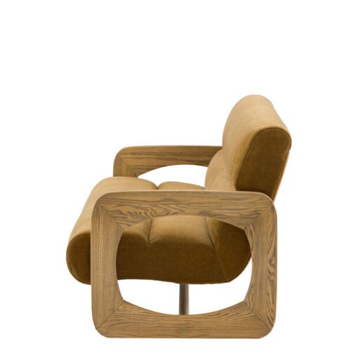 Gold Brown Upholstered Retro Modern 3 Seater Sofa With Wooden Arms