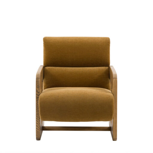 Golden Brown Curvy Upholstered Retro Modern Armchair With Sculptural Wooden Arms