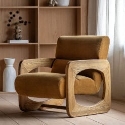 Golden Brown Curvy Upholstered Retro Modern Armchair With Sculptural Wooden Arms