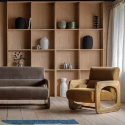 Golden Brown Curvy Upholstered Retro Modern Archchair With Sculptural Wooden Arms