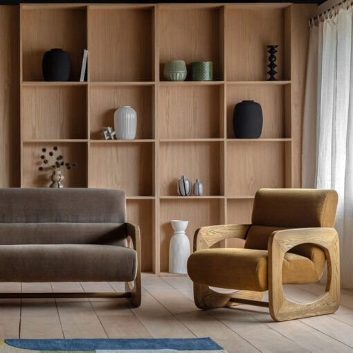 Golden Brown Curvy Upholstered Retro Modern Armchair With Sculptural Wooden Arms
