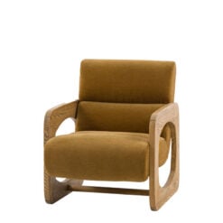 Golden Brown Curvy Upholstered Retro Modern Archchair With Sculptural Wooden Arms