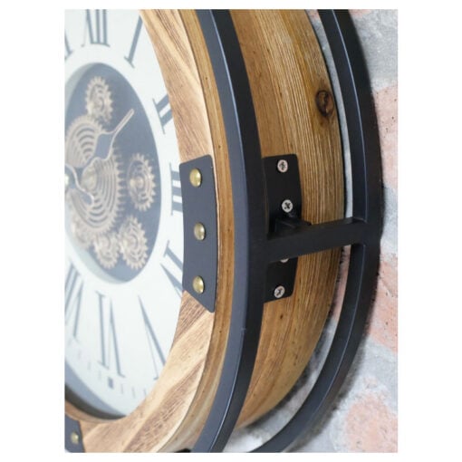 Industrial Black Metal And Wood Gold Moving Gears Wall Clock With White Roman Dial 40cm