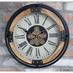 Industrial Black Metal And Wood Gold Moving Gears Wall Clock With White Roman Dial 40cm