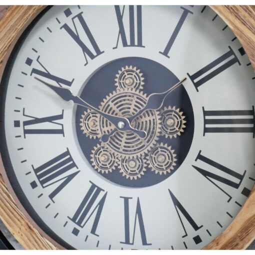 Industrial Black Metal And Wood Gold Moving Gears Wall Clock With White Roman Dial 40cm