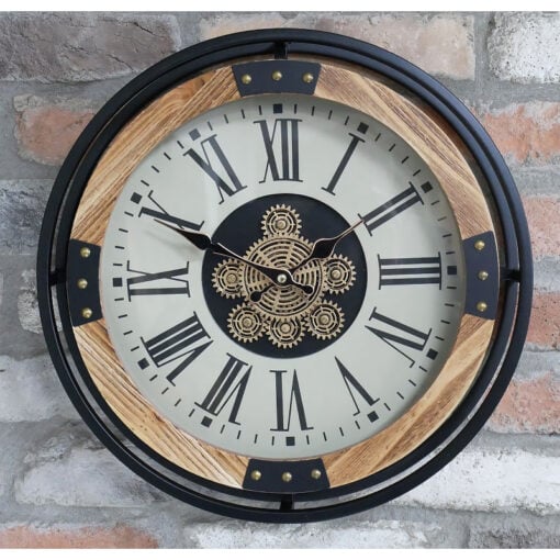Industrial Luxe Black Metal And Wood Gold Moving Gears Wall Clock With ...