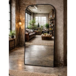 Industrial Large Black Metal Slim Frame Curved Top Rectangle Arched Wall Mirror 170cm
