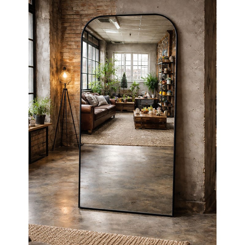 Industrial Large Black Metal Slim Frame Curved Top Rectangle Arched Wall Mirror 170cm Industrial Large Black Metal Slim Frame Curved Top Rectangle Arched Wall Mirror 170cm