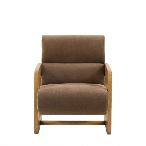 Mocha Brown Curvy Upholstered Retro Modern Armchair With Sculptural Wooden Arms