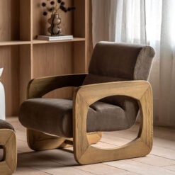 Mocha Brown Curvy Upholstered Retro Modern Archchair With Sculptural Wooden Arms