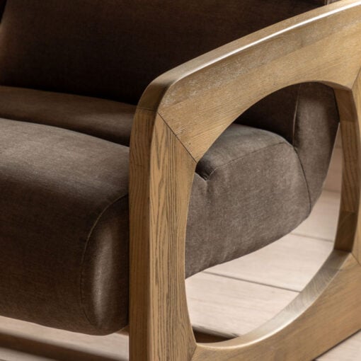 Mocha Brown Curvy Upholstered Retro Modern Armchair With Sculptural Wooden Arms