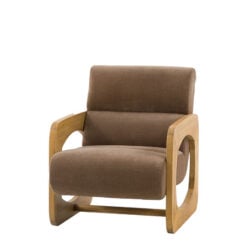 Mocha Brown Curvy Upholstered Retro Modern Archchair With Sculptural Wooden Arms