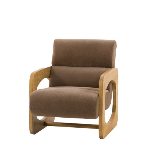 Mocha Brown Curvy Upholstered Retro Modern Armchair With Sculptural Wooden Arms