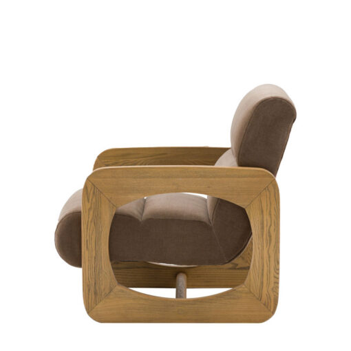Mocha Brown Curvy Upholstered Retro Modern Armchair With Sculptural Wooden Arms