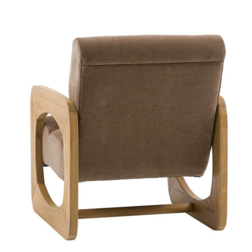 Mocha Brown Curvy Upholstered Retro Modern Armchair With Sculptural Wooden Arms