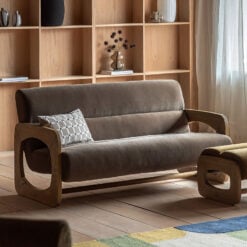 Mocha Brown Upholstered Retro Modern 3 Seater Sofa With Wooden Arms