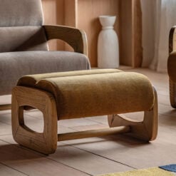 Retro Gold Brown Upholstered Foot Stool With Wooden O Shape Sides