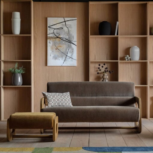 Retro Gold Brown Upholstered Foot Stool With Wooden O Shape Sides Retro Gold Brown Upholstered Foot Stool With Wooden O Shape Sides