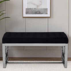 Black Velvet Upholstered Silver Stainless Steel Chrome Metal Bench 97cm