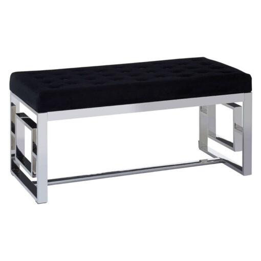 Black Velvet Upholstered Silver Stainless Steel Chrome Metal Bench 97cm