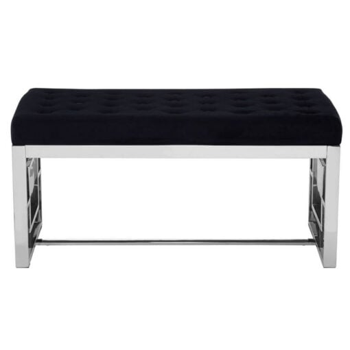 Black Velvet Upholstered Silver Stainless Steel Chrome Metal Bench 97cm