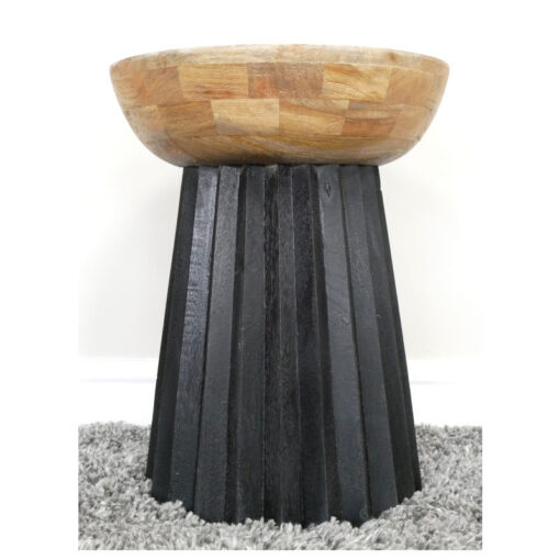Boho Black And Natural Solid Mango Wood Mushroom Shaped Side End Table With Pleated Base