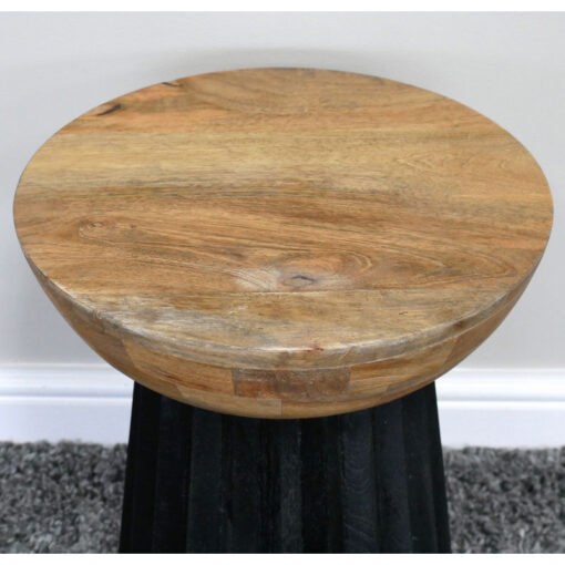 Boho Black And Natural Solid Mango Wood Mushroom Shaped Side End Table With Pleated Base