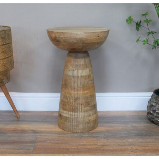 Boho Light Solid Mango Wood Abstract Sculptural Carved Round Mushroom Style Side End Table 56cm