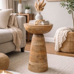 Boho Light Solid Mango Wood Abstract Sculptural Carved Round Mushroom Style Side End Table 56cm