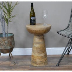 Boho Light Solid Mango Wood Abstract Sculptural Carved Round Mushroom Style Side End Table 55cm