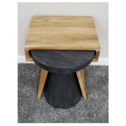 Boho Nest of 2 Contrasting Black And Natural Solid Mango Wood Side End Tables