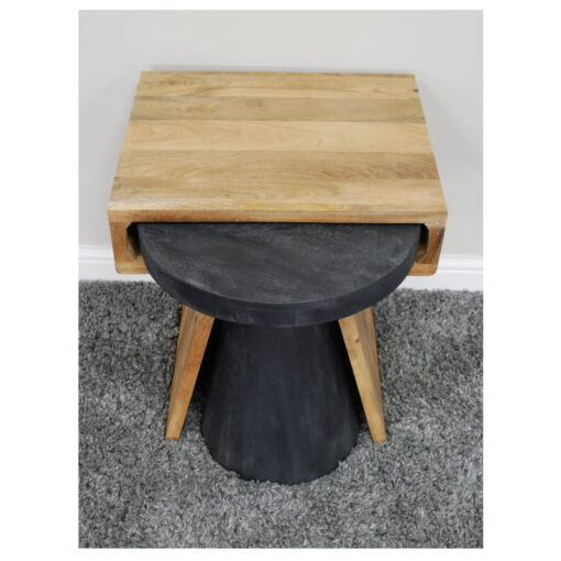 Boho Nest of 2 Contrasting Black And Natural Solid Mango Wood Side End Tables