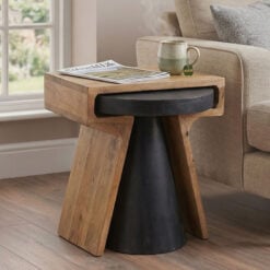 Boho Nest of 2 Contrasting Black And Natural Solid Mango Wood Side End Tables