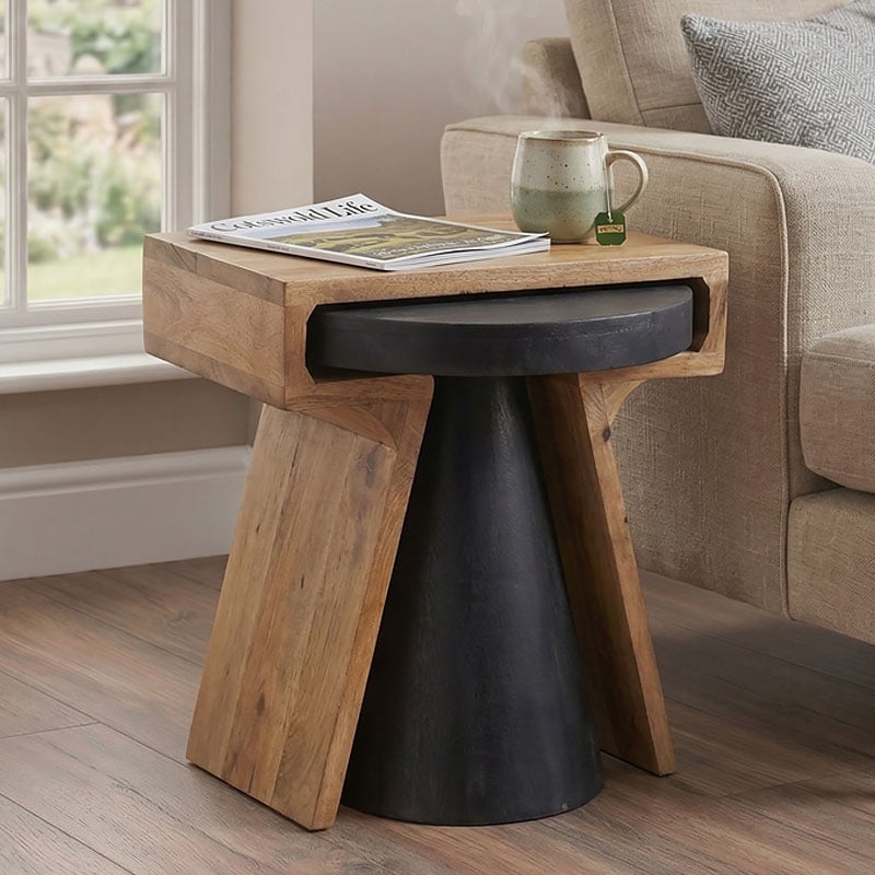 Boho Nest of 2 Contrasting Black And Natural Solid Mango Wood Side End Tables Boho Nest of 2 Contrasting Black And Natural Solid Mango Wood Side End Tables