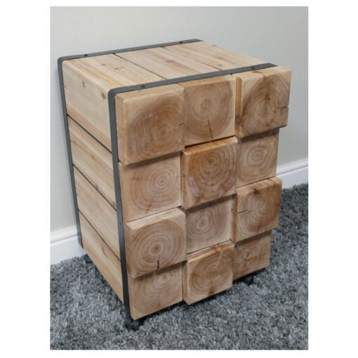 Boho Rustic Chunky Solid Light Naturally Split Fir Wood 1 Door 1 Drawer Bedside Cabinet Side Table With Wheels