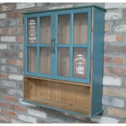 Boho Rustic Kitchen French Cafe Style 2 Glass Door 1 Open Shelf Light Blue Green Solid Fir Wood Wall Shelving Unit 72cm