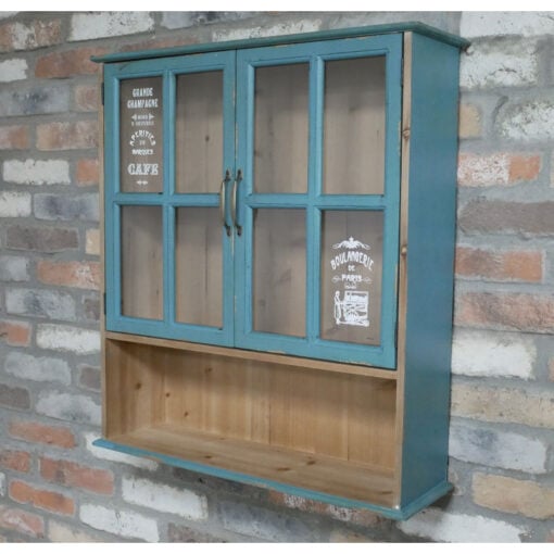 Boho Rustic Kitchen French Cafe Style 2 Glass Door 1 Open Shelf Light Blue Green Solid Fir Wood Wall Shelving Unit 72cm
