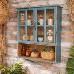 Boho Rustic Kitchen French Cafe Style 2 Glass Door 1 Open Shelf Light Blue Green Solid Fir Wood Wall Shelving Unit 72cm