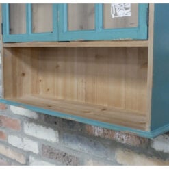 Boho Rustic Kitchen French Cafe Style 2 Glass Door 1 Open Shelf Light Blue Green Solid Fir Wood Wall Shelving Unit 72cm