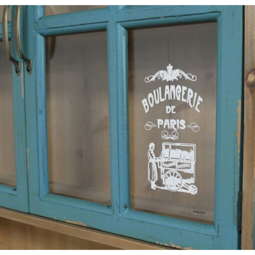 Boho Rustic Kitchen French Cafe Style 2 Glass Door 1 Open Shelf Light Blue Green Solid Fir Wood Wall Shelving Unit 72cm