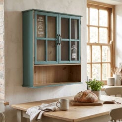Boho Rustic Kitchen French Cafe Style Glass 2 Door 1 Open Shelf Light Blue Green Solid Fir Wood Wall Shelving Unit 72cm