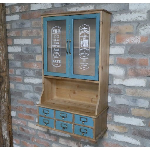 Boho Rustic Kitchen French Case Style 2 Glass Door 1 Open Shelf Multi Drawer Light Blue Green Solid Fir Wood Apothecary Wall Shelving Unit 88cm