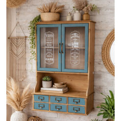 Boho Rustic Kitchen French Case Style 2 Glass Door 1 Open Shelf Multi Drawer Light Blue Green Solid Fir Wood Apothecary Wall Shelving Unit 88cm