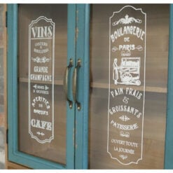 Boho Rustic Kitchen French Case Style 2 Glass Door 1 Open Shelf Multi Drawer Light Blue Green Solid Fir Wood Apothecary Wall Shelving Unit 88cm